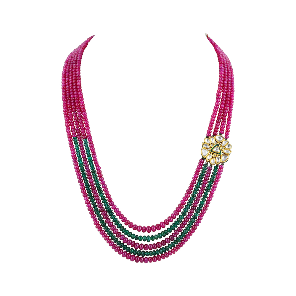 Multi-Strand Ruby and Emerald Necklace with Polki Floral Motif